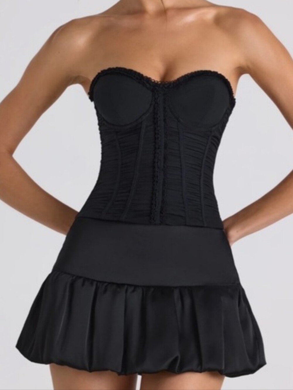 Oh Polly Ruched Lace-Up Strapless Corset Top in Black - 4 /  Plus Cup